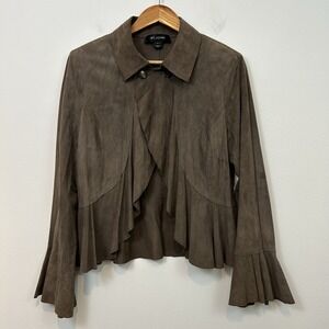 St. John Jacket Suede Leather Overshirt Brown Taupe Button Ruffle Size 12